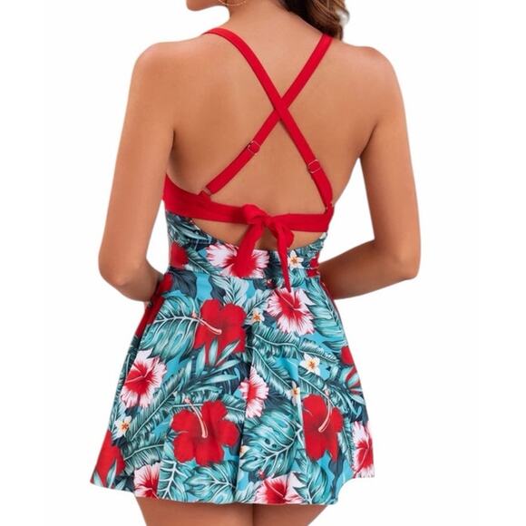 B2prity Women's Medium Red Blue Cutout One Piece Skirt V-Neck Wrap Back Swimsuit - Picture 3 of 6